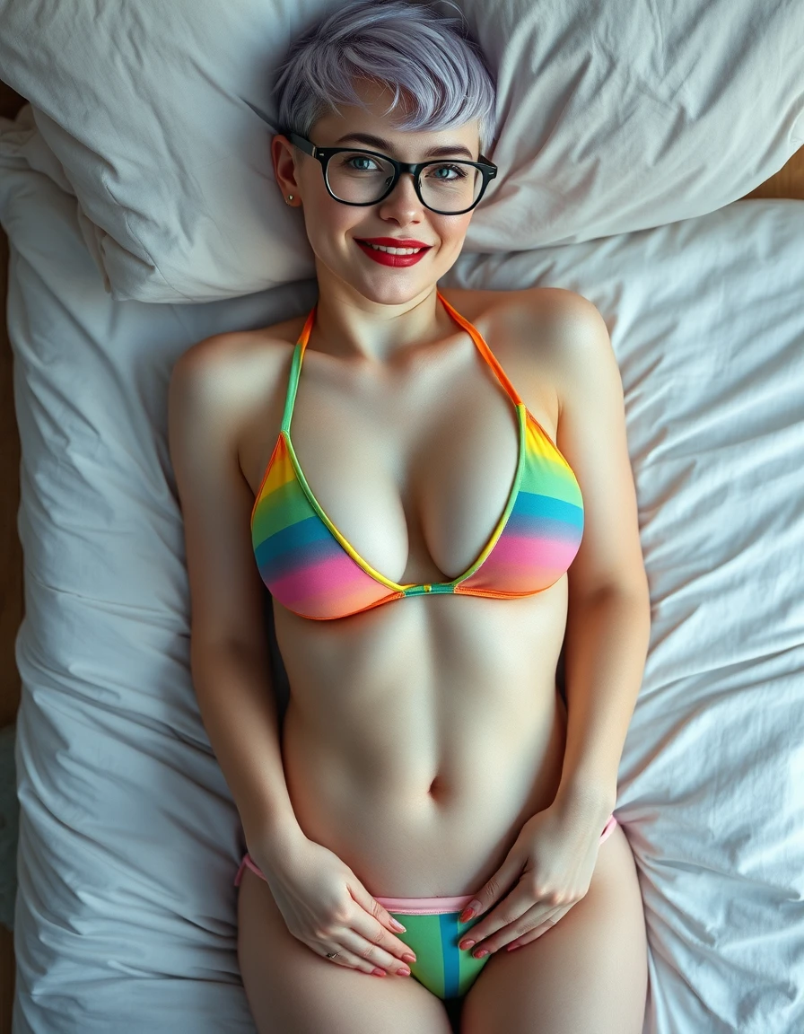 Mulher sorridente reclinada na cama com um biquíni colorido com recortes