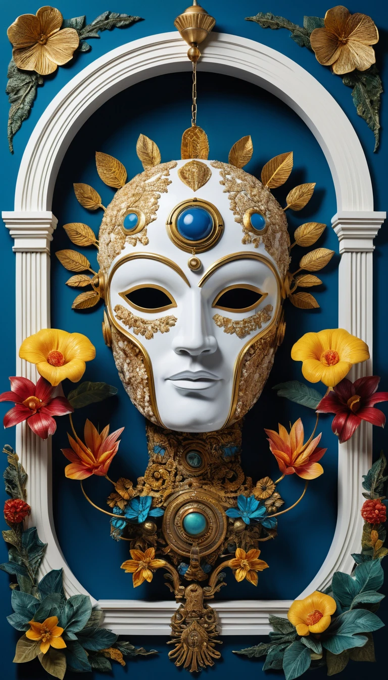 A split-faced sculptural mask beneath an ornate classical archway
