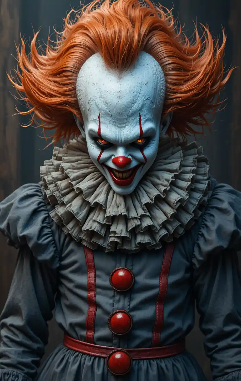 Un clown sinistro con capelli arancioni scompigliati e occhi dorati