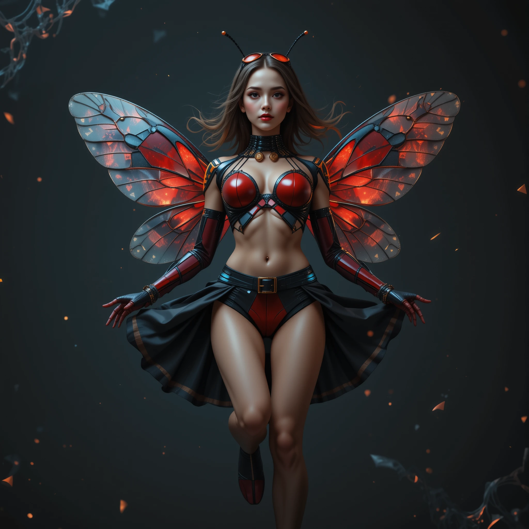 Uma mulher joaninha cibernética flutua em uma pose provocante