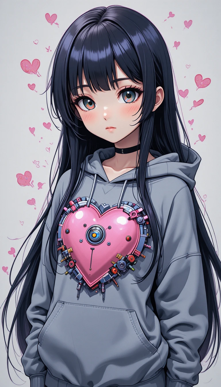 Femme chibi en sweat à capuche gris avec un cœur mécanique rose