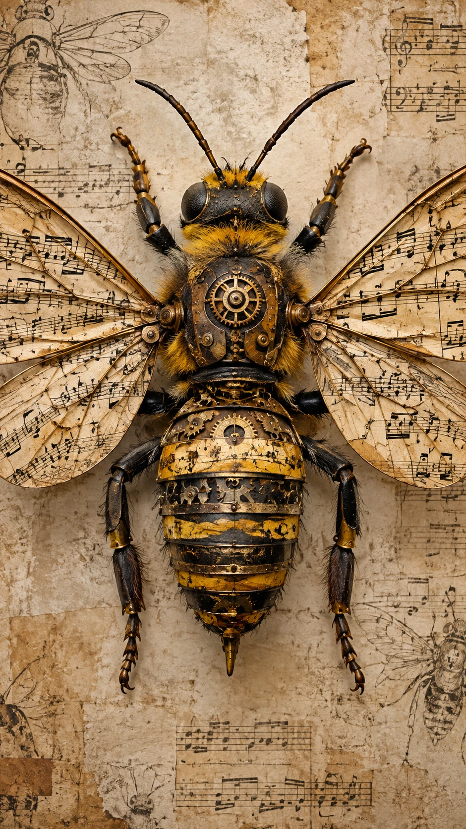 A bee with vintage sheet music wings and industrial accents