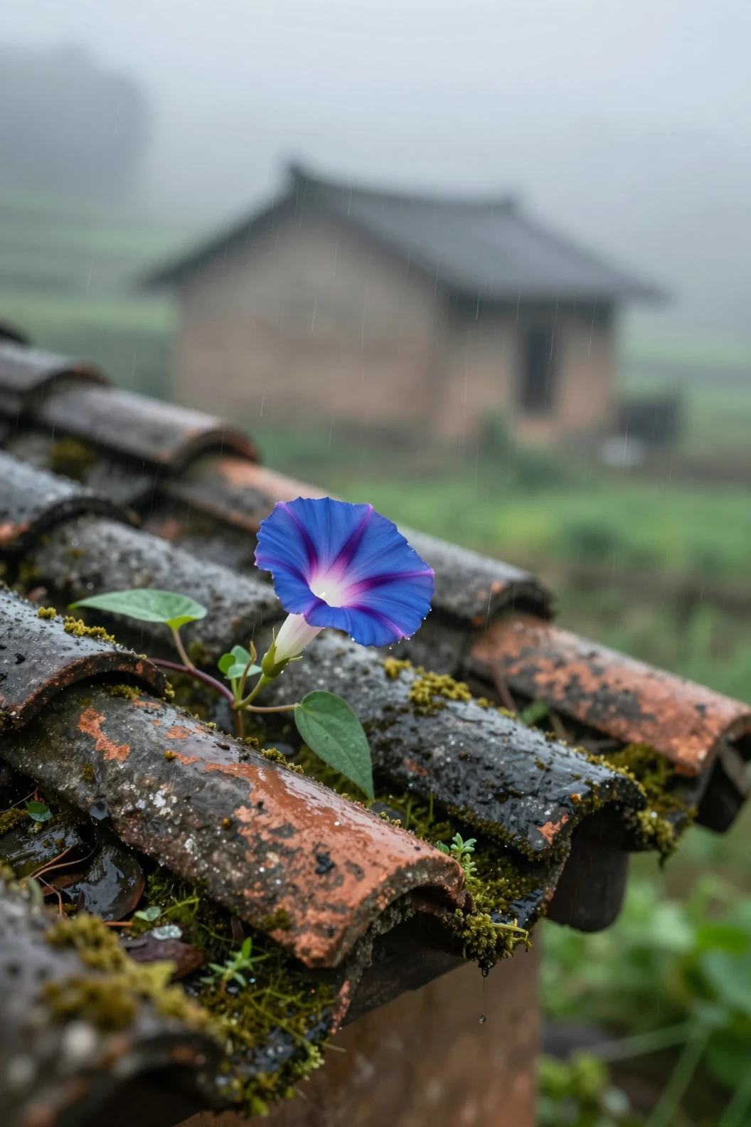 Flores de glória-da-manhã em telhas de barro cobertas de musgo sob uma chuva suave