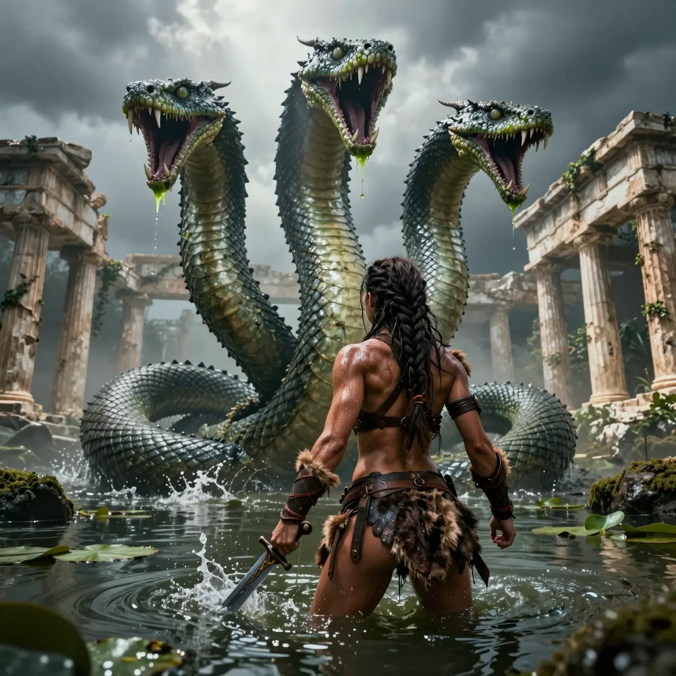 Ein Barbarenkrieger stellt sich einer dreiköpfigen Hydra im Sumpf
