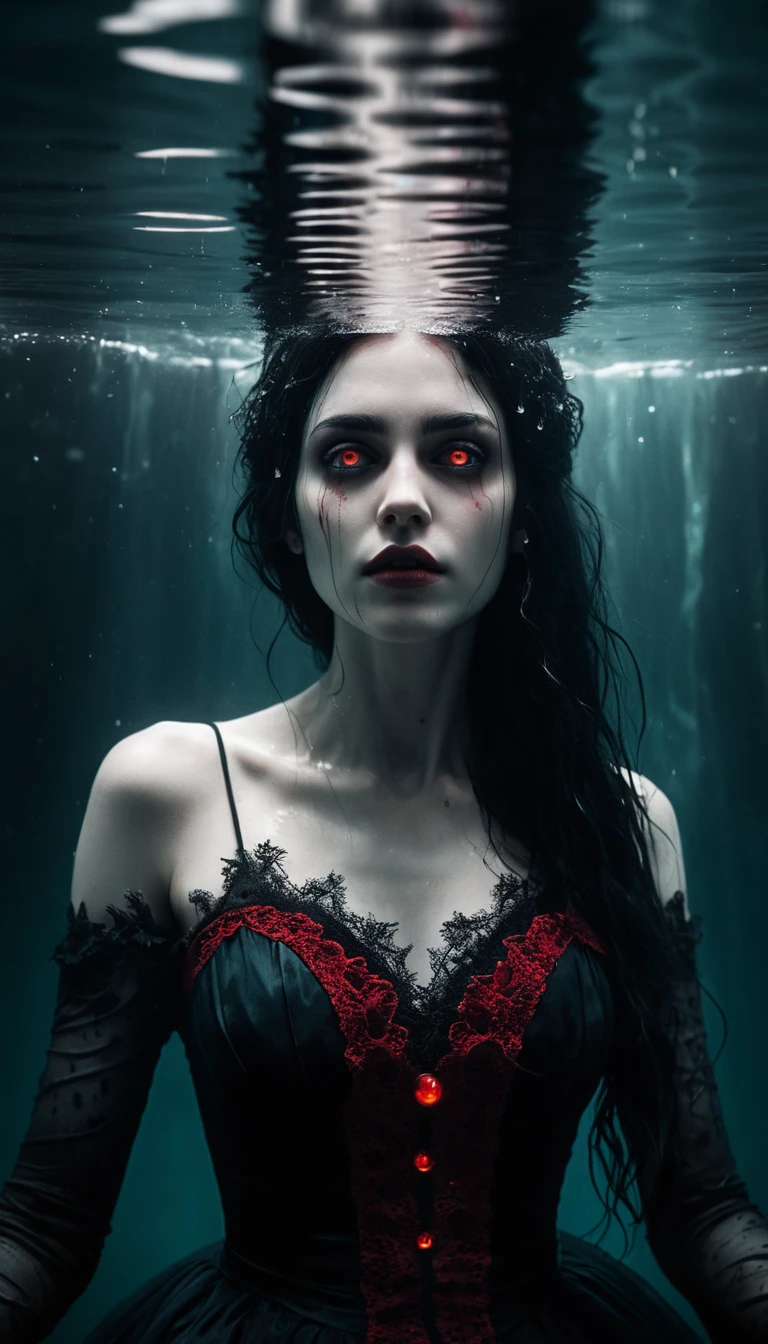 A gothic woman stares underwater beneath a bloom of red ink
