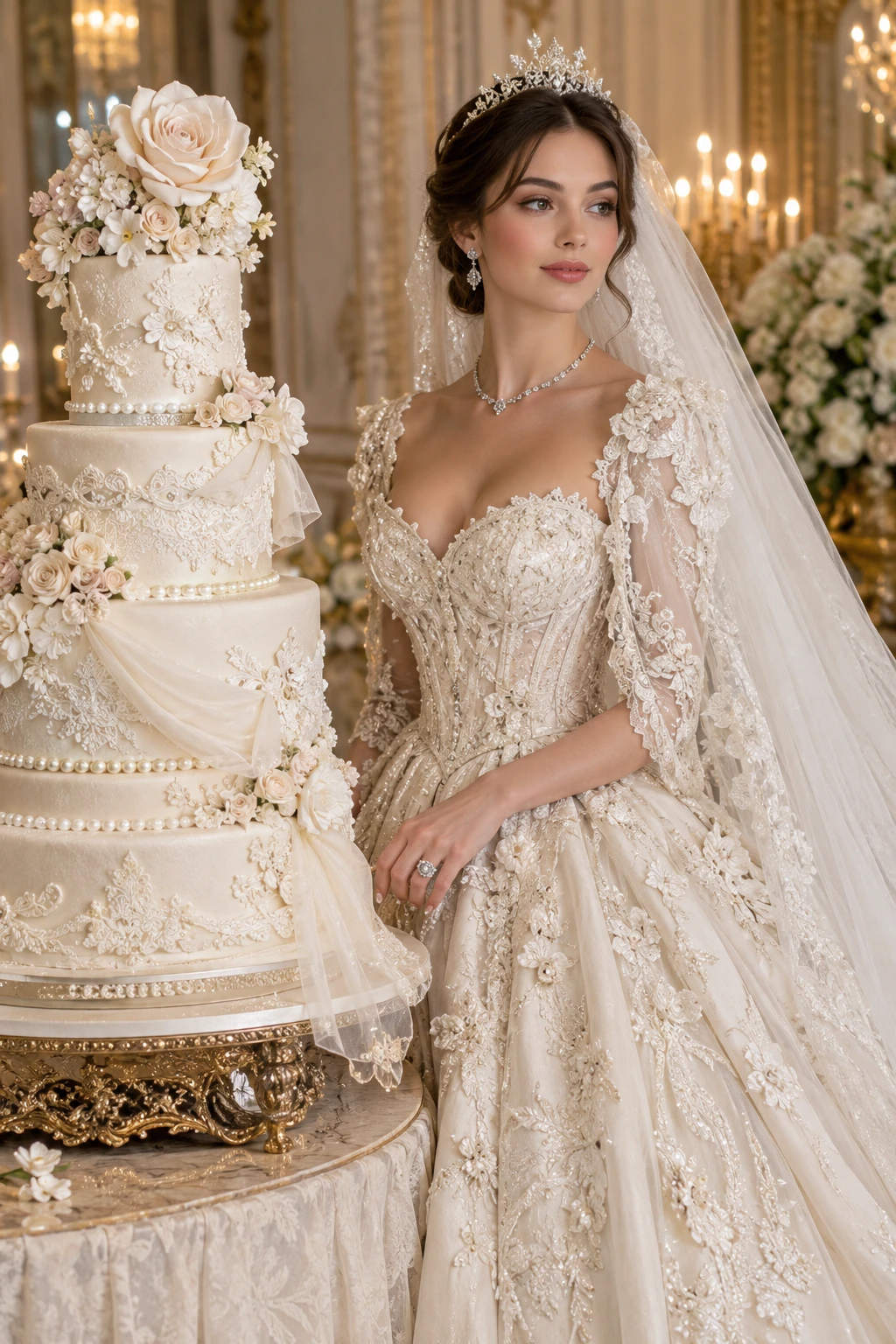 Uma noiva está ao lado de um bolo de casamento de vários andares ricamente decorado