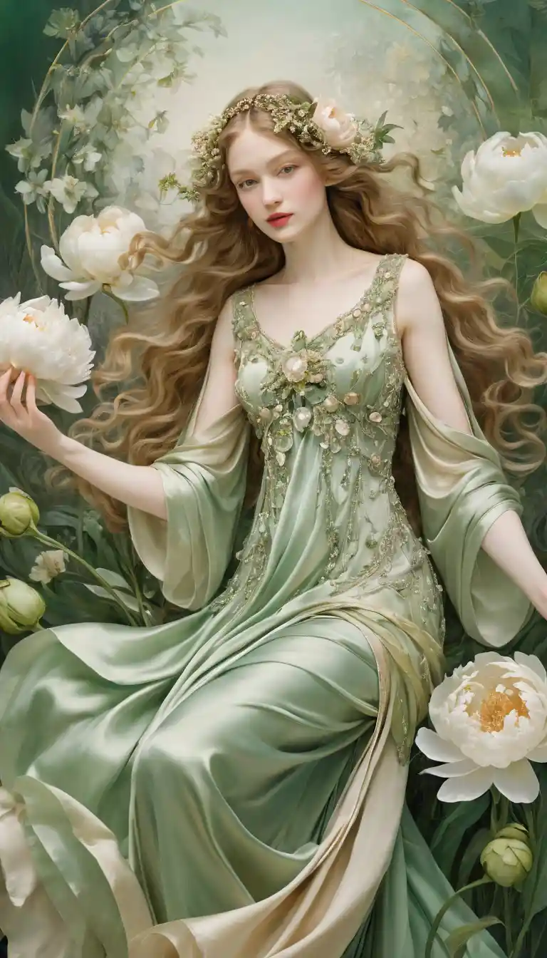 A Spring Spirit in Pearly Green and Beige Satin Tones