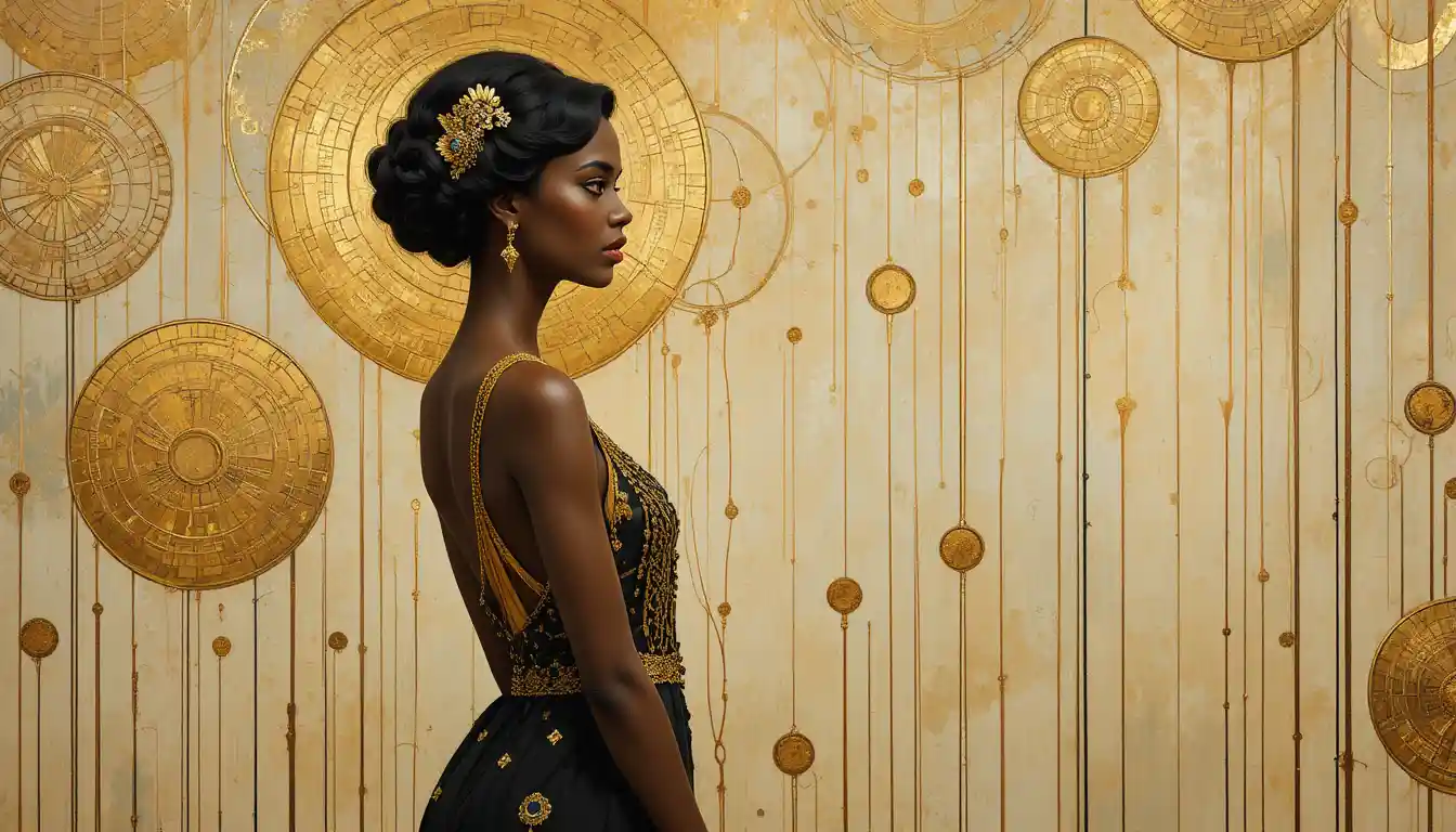 Uma mulher desafiadora dos anos 1920 com vestido de noite, vista de perfil