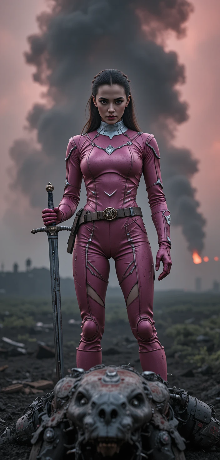 A Power Ranger Rosa está sobre uma fera mecânica derrotada em um campo de batalha enevoado