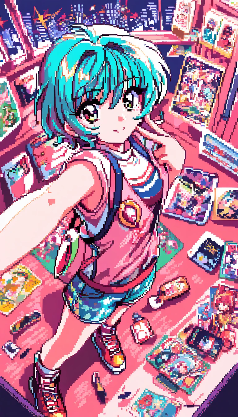 A pixel art girl stands beside a laserdisc player in a cozy room