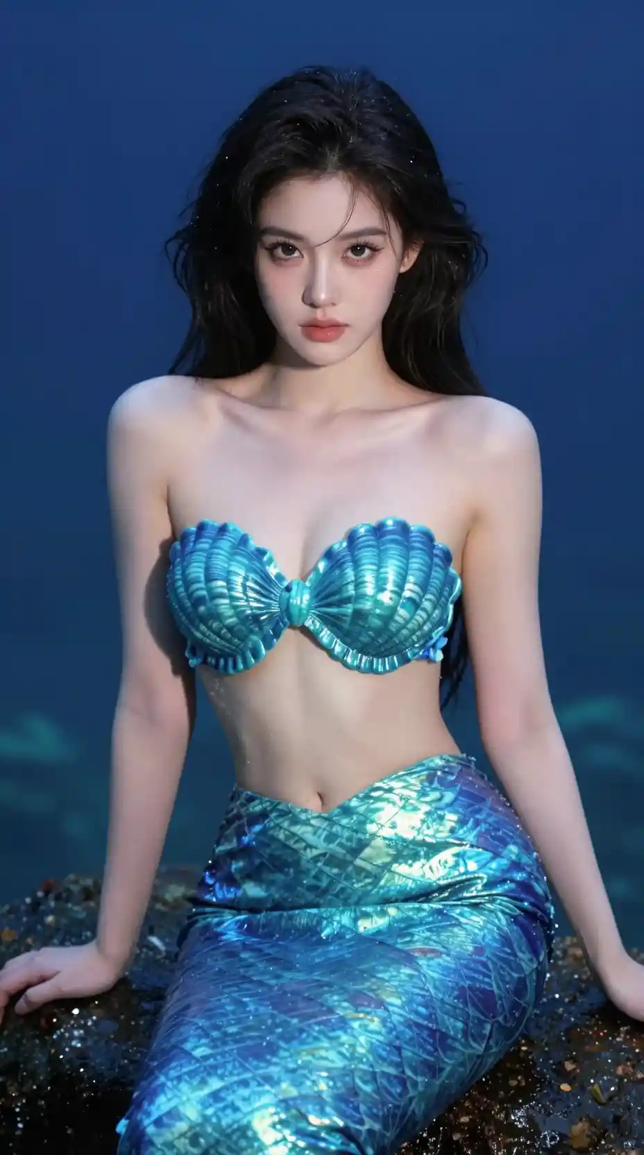 Una sirena mitologica posa con un abito ispirato alle conchiglie davanti a uno scenario oceanico