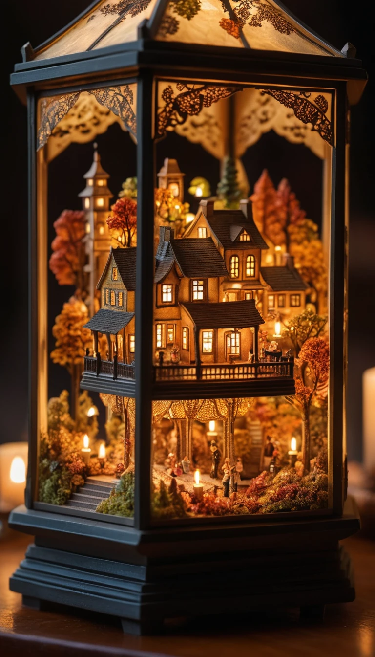 Un minuscolo pianista suona mentre gli abitanti danzano a lume di candela dentro una lanterna vintage