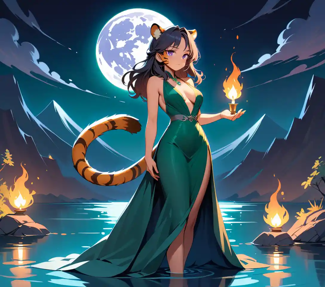 Una donna tigre tiene una candela accanto a un lago nebbioso di notte