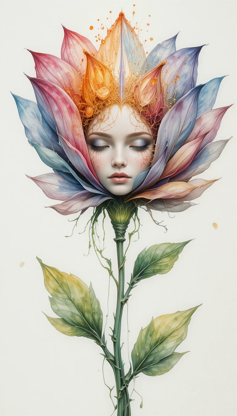 Uma flor colorida combina traços humanos delicados com textura de aguarela