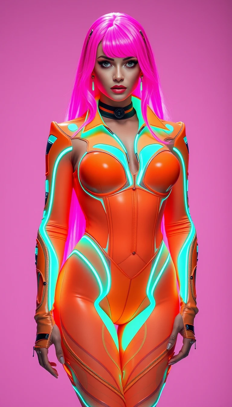 Mulher curvilínea com cabelo rosa neon em um look futurista laranja