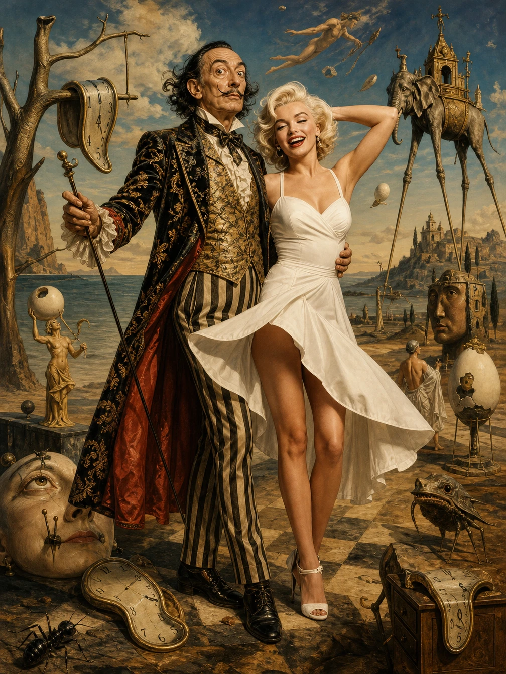 Salvador Dalí ao lado de uma mulher num mundo de fantasia surreal