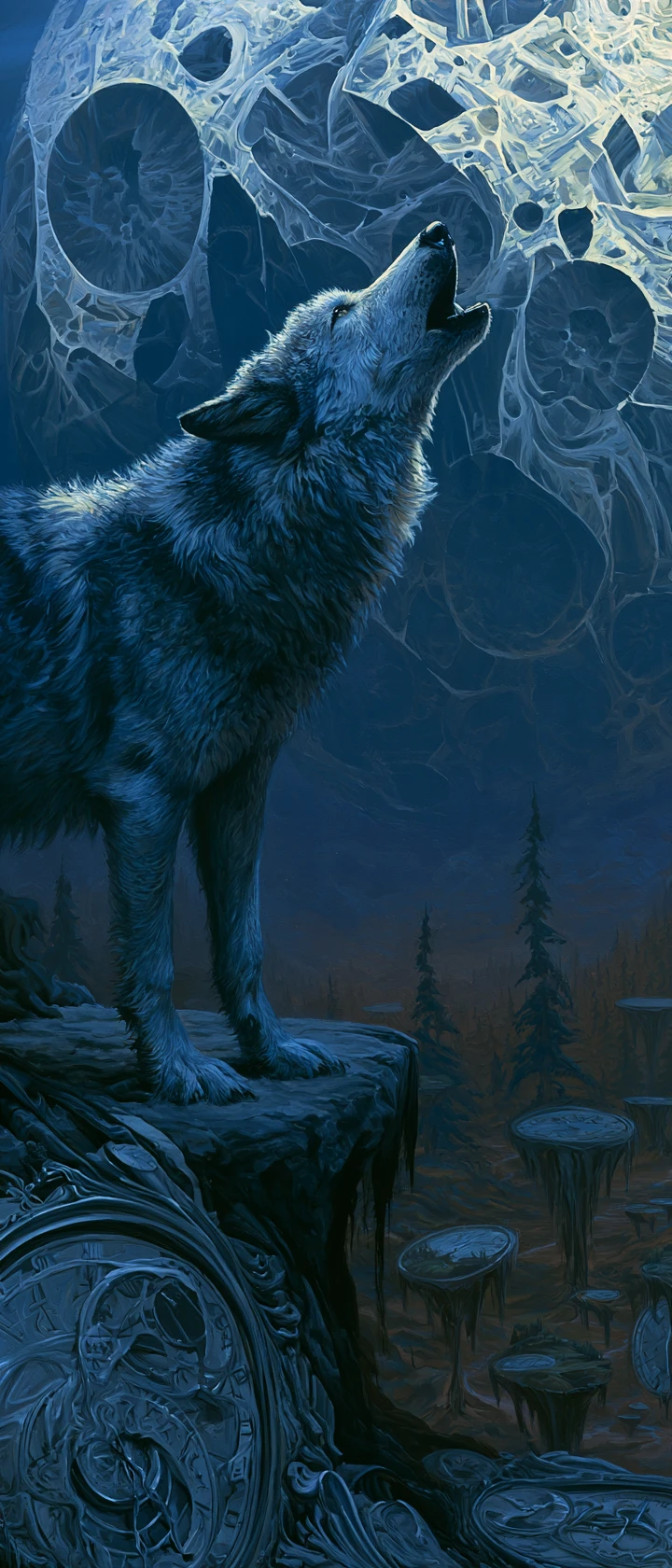 Um lobo uiva sob uma lua fragmentada à beira de um precipício