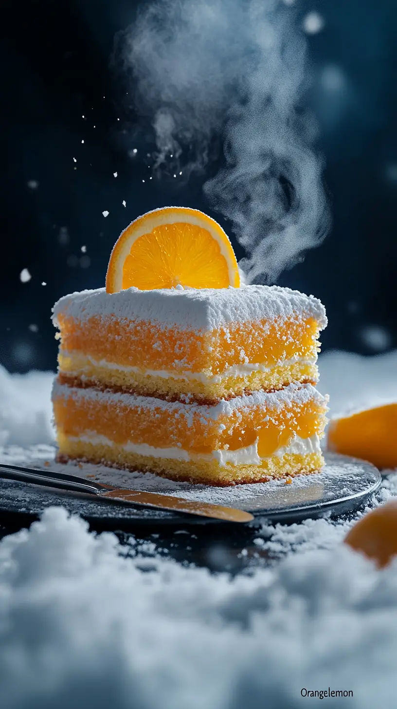 Bolo de laranja e limão cortado na neve, com vapor a subir
