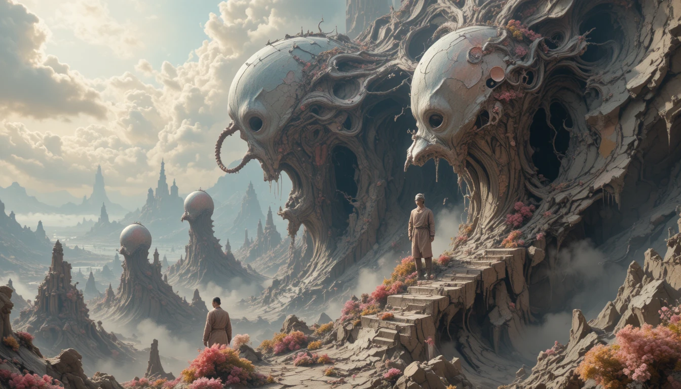 Des figures humanoïdes déformées fusionnent dans un paysage onirique tridimensionnel troublant
