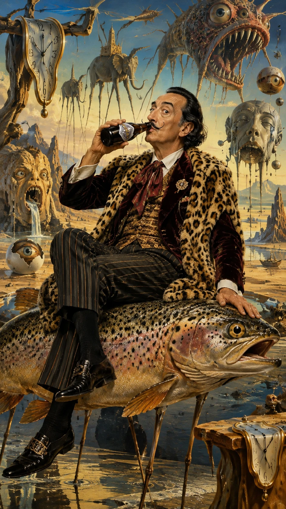 Salvador Dalí bebe Orval sentado numa truta