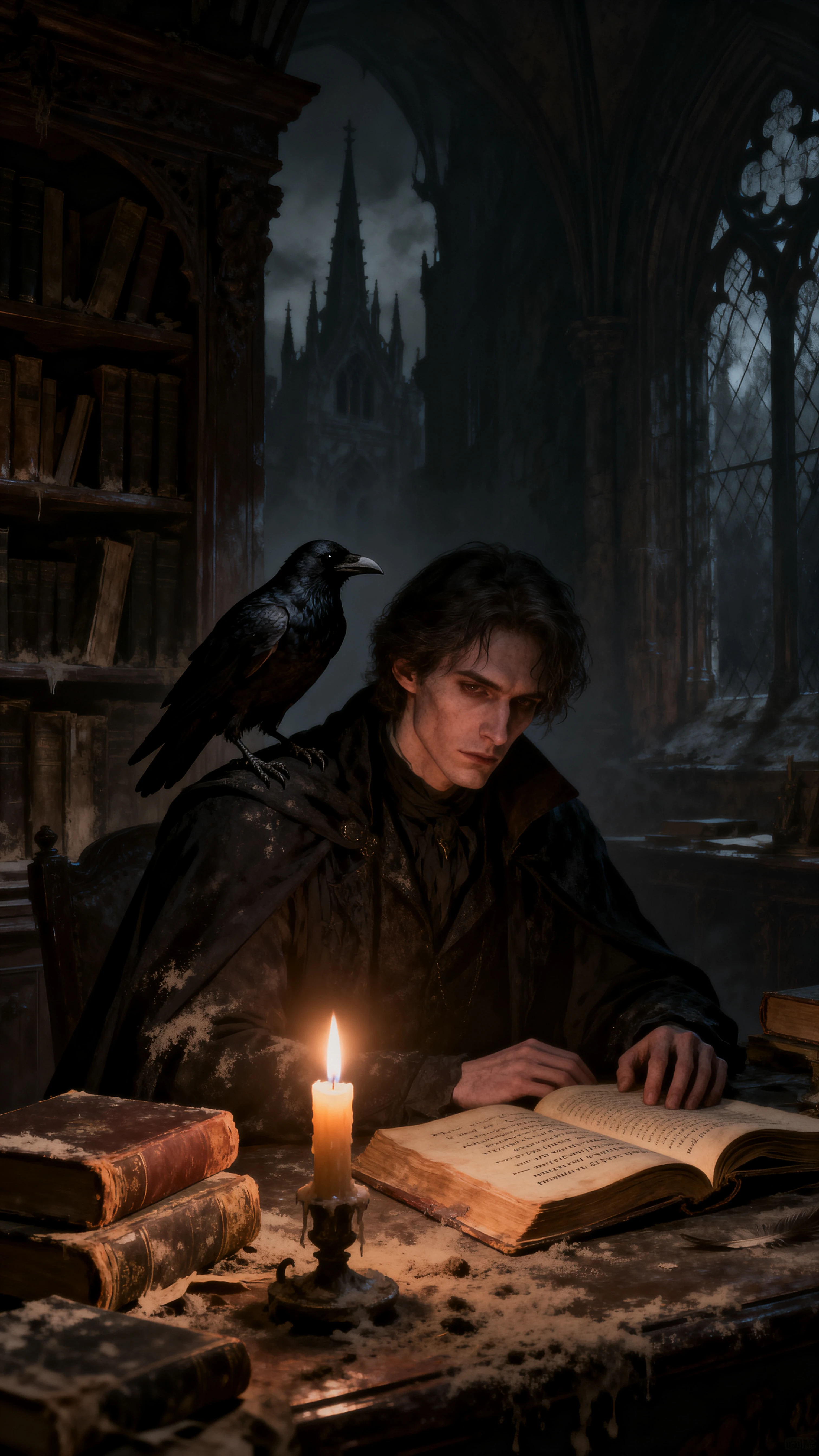 Uma figura melancólica com um corvo em um gabinete à luz de velas