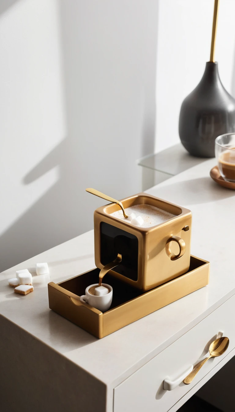 Une tasse à café cubique conçue comme une minuscule table de chevet