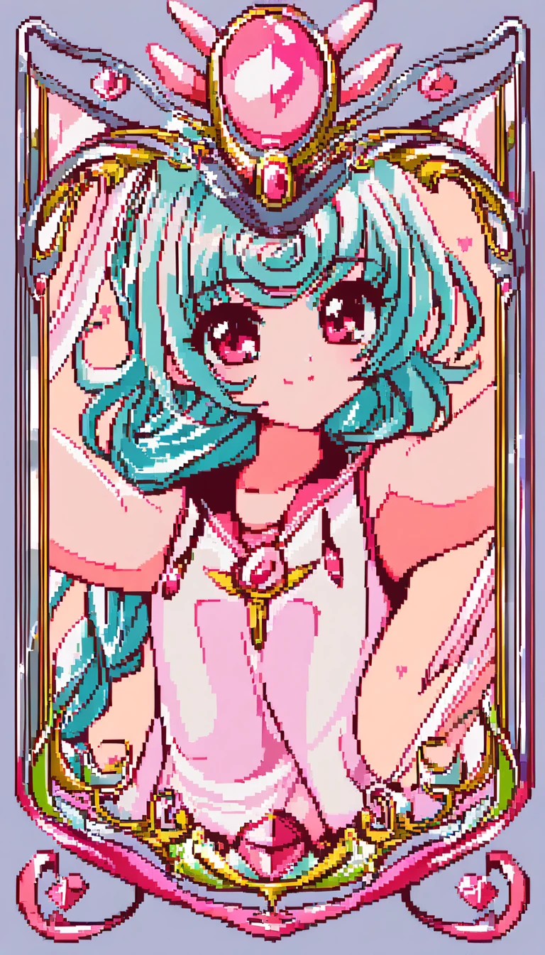 Uma carta colecionável brilhante em pixel art com uma garota de anime sorridente