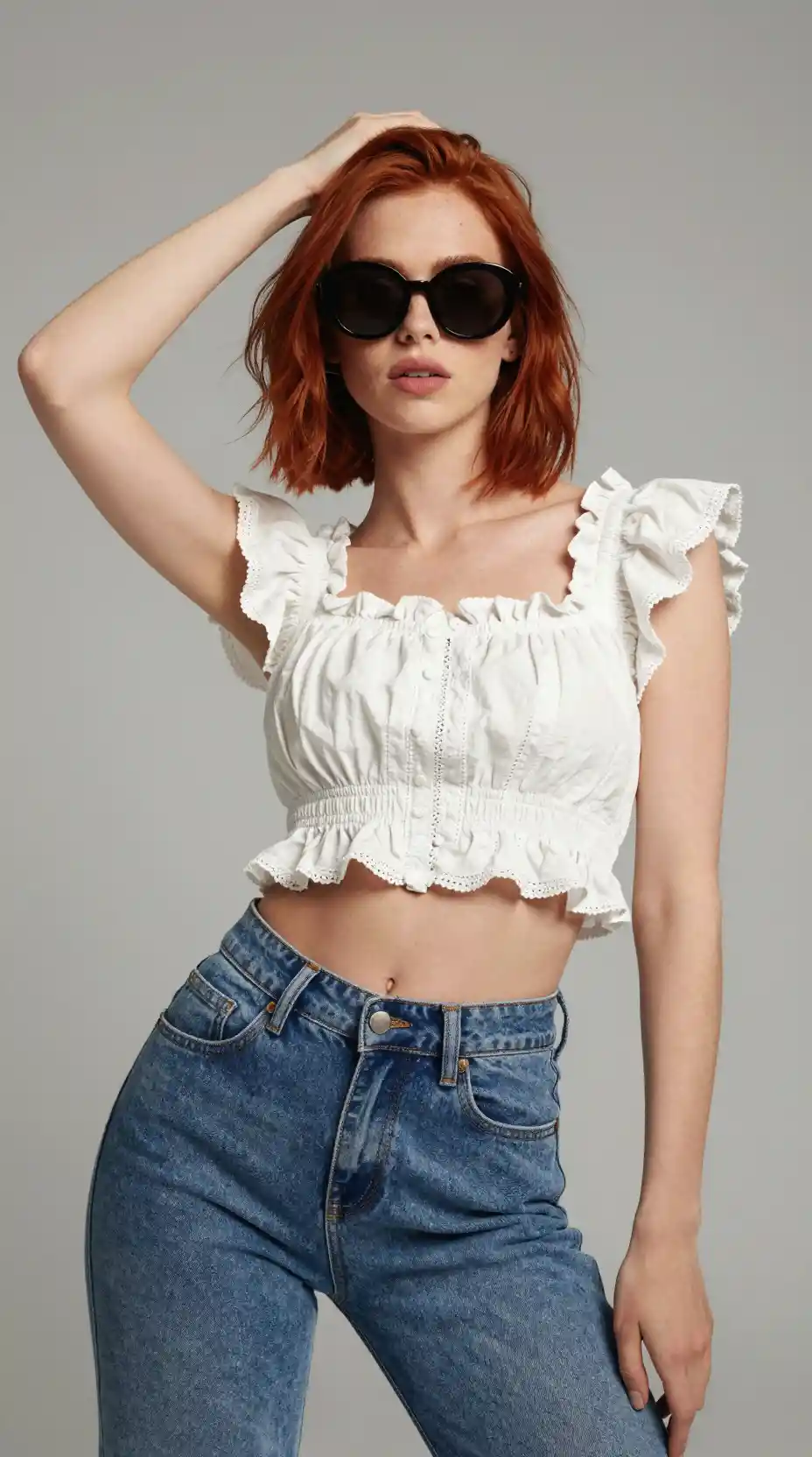Uma garota ruiva posa com óculos de sol redondos, uma blusa com babados e jeans azul