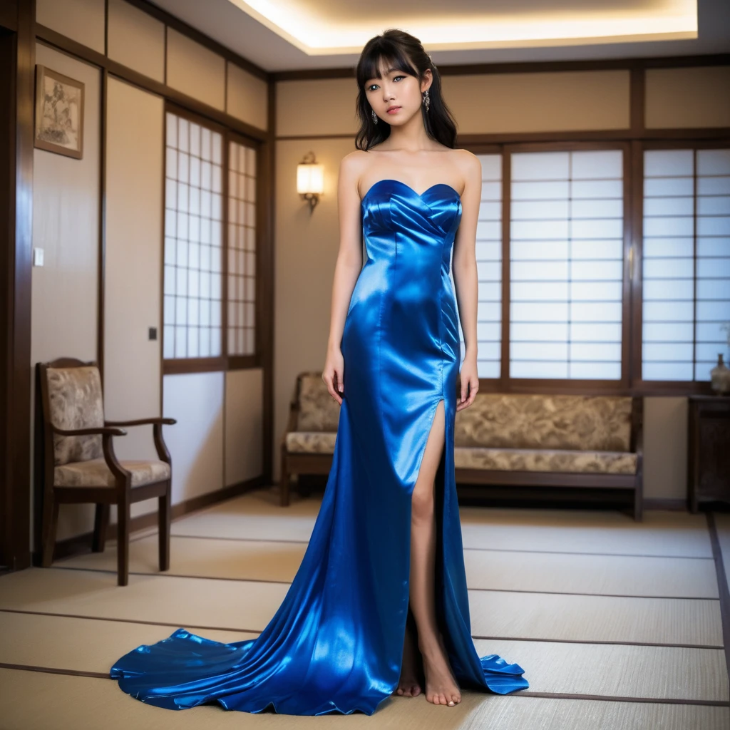 Uma jovem japonesa com um vestido longo de cetim azul
