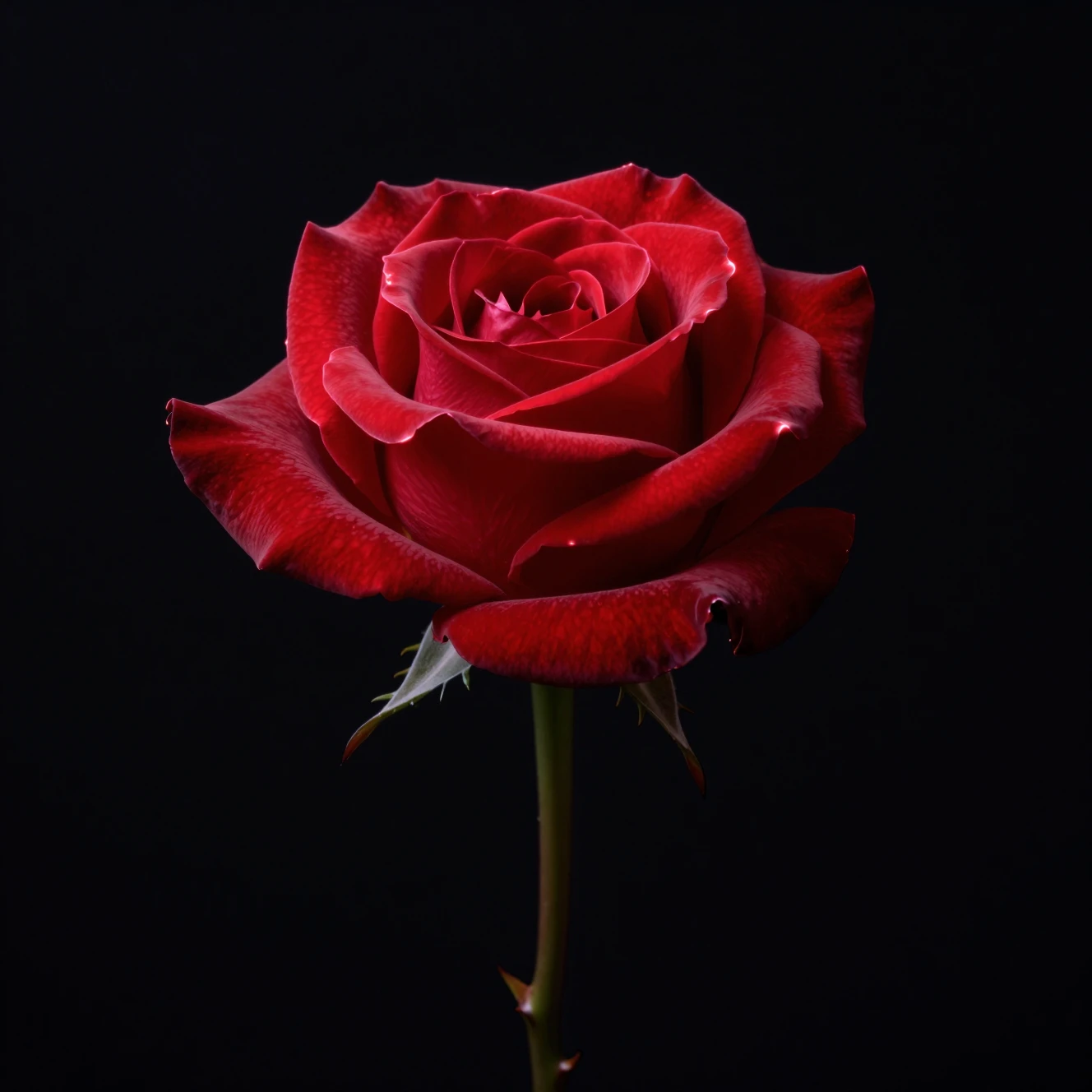Eine rote Rose leuchtet vor tiefschwarzem Hintergrund
