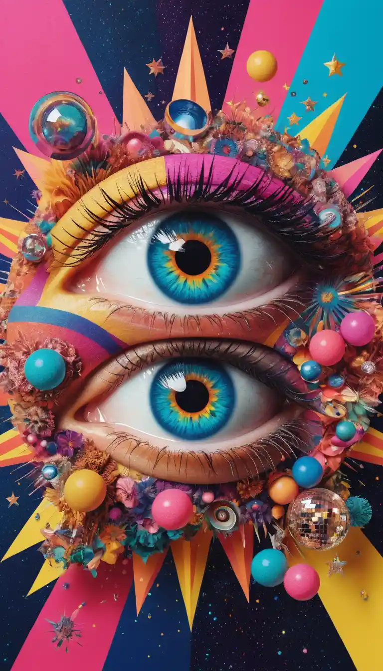 Colagem psicadélica com um olho surreal e mãos celestiais estendidas