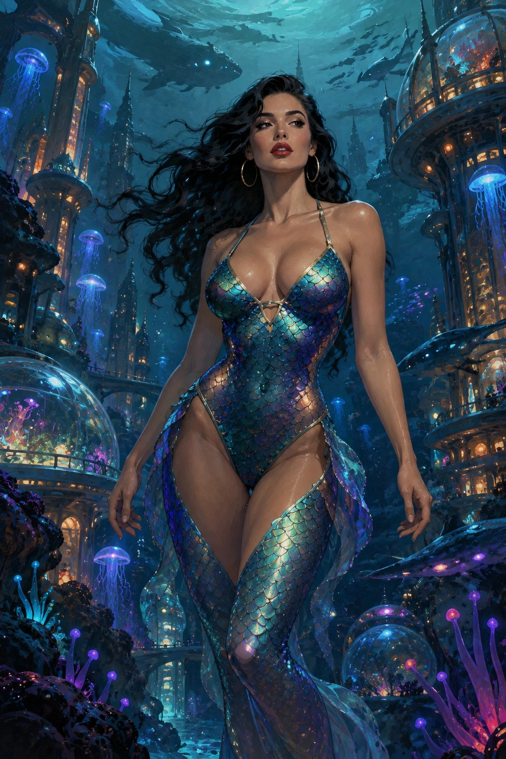 Une femme glamour explore une ville sous-marine menaçante