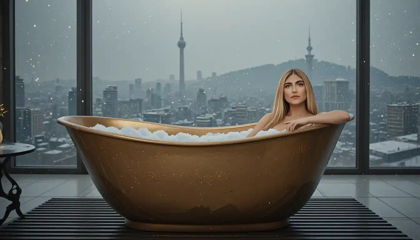 Uma mulher tranquila relaxa em um banho de espuma dourado com vista para uma cidade coberta de neve