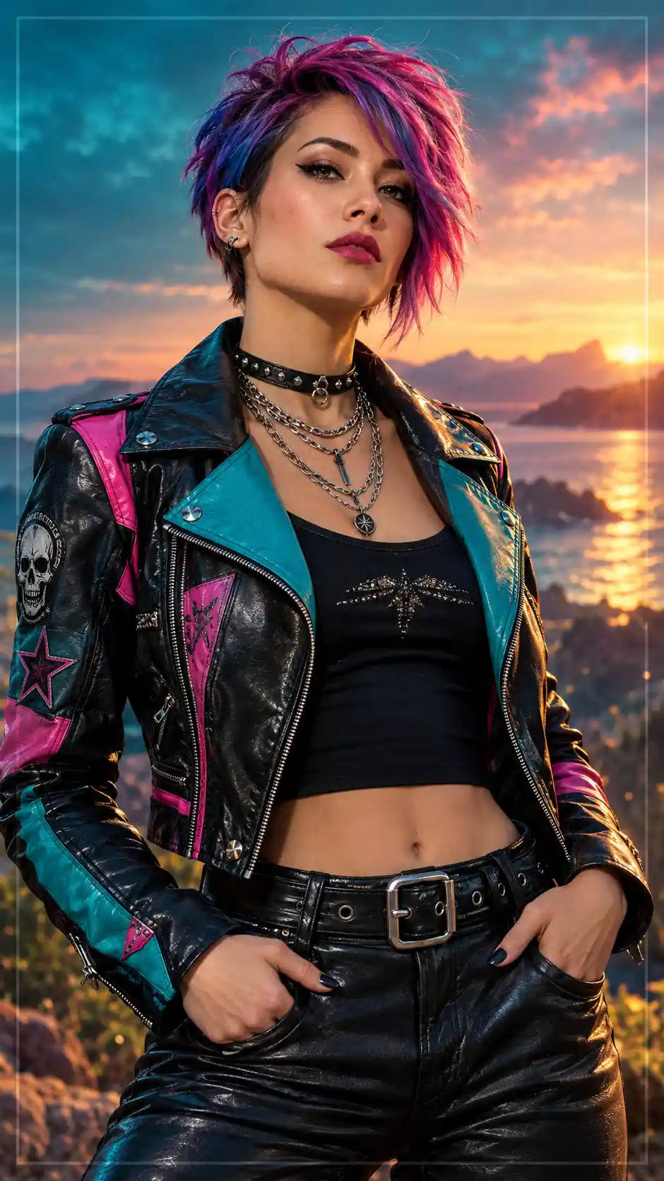 Jeune femme sûre d’elle au style punk devant un paysage côtier à l’heure dorée