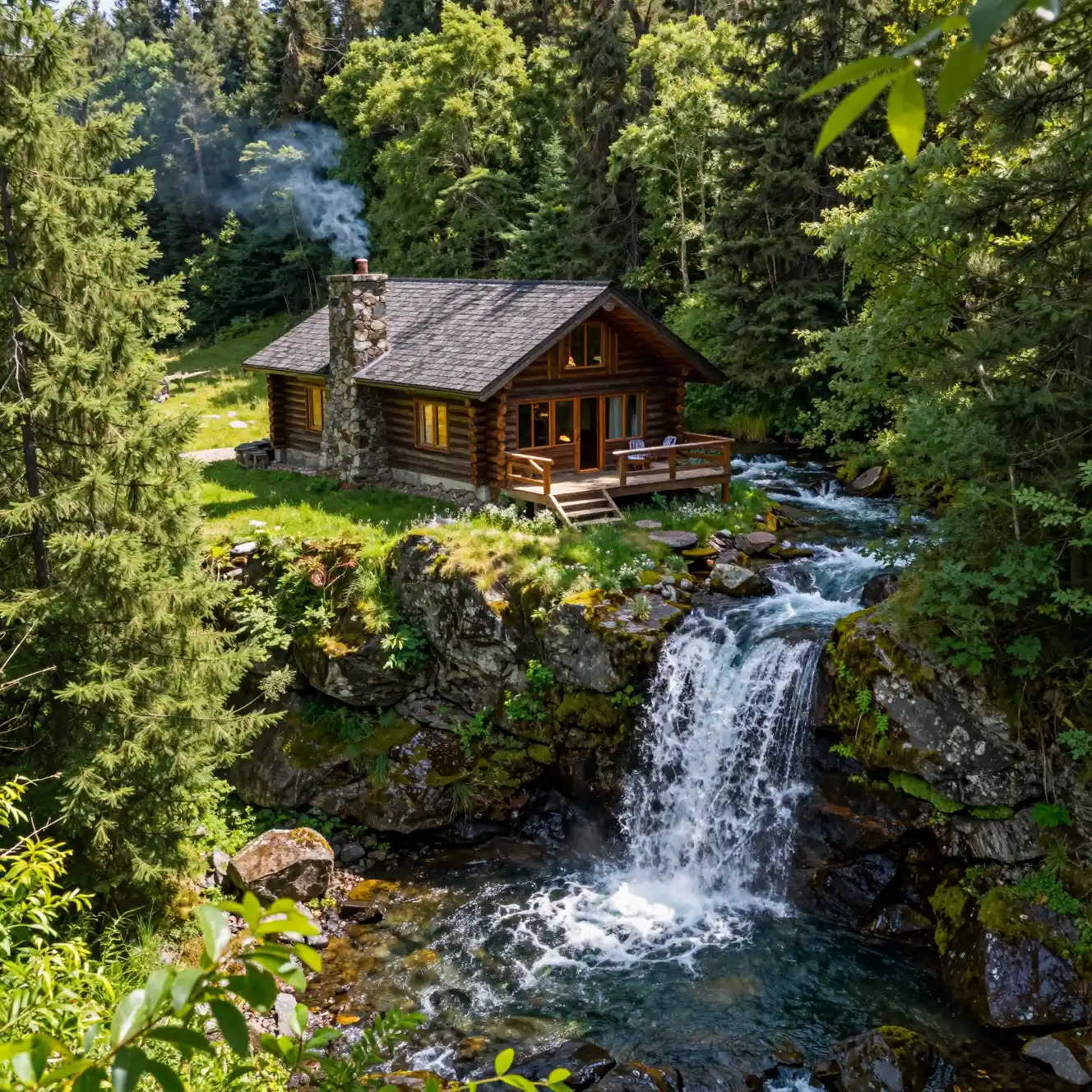 Un chalet rustique en rondins surplombant une cascade en paliers au cœur d’une forêt luxuriante