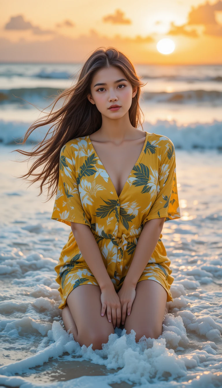 Una donna inginocchiata tra le onde al tramonto, con una camicia gialla a stampa di foglie