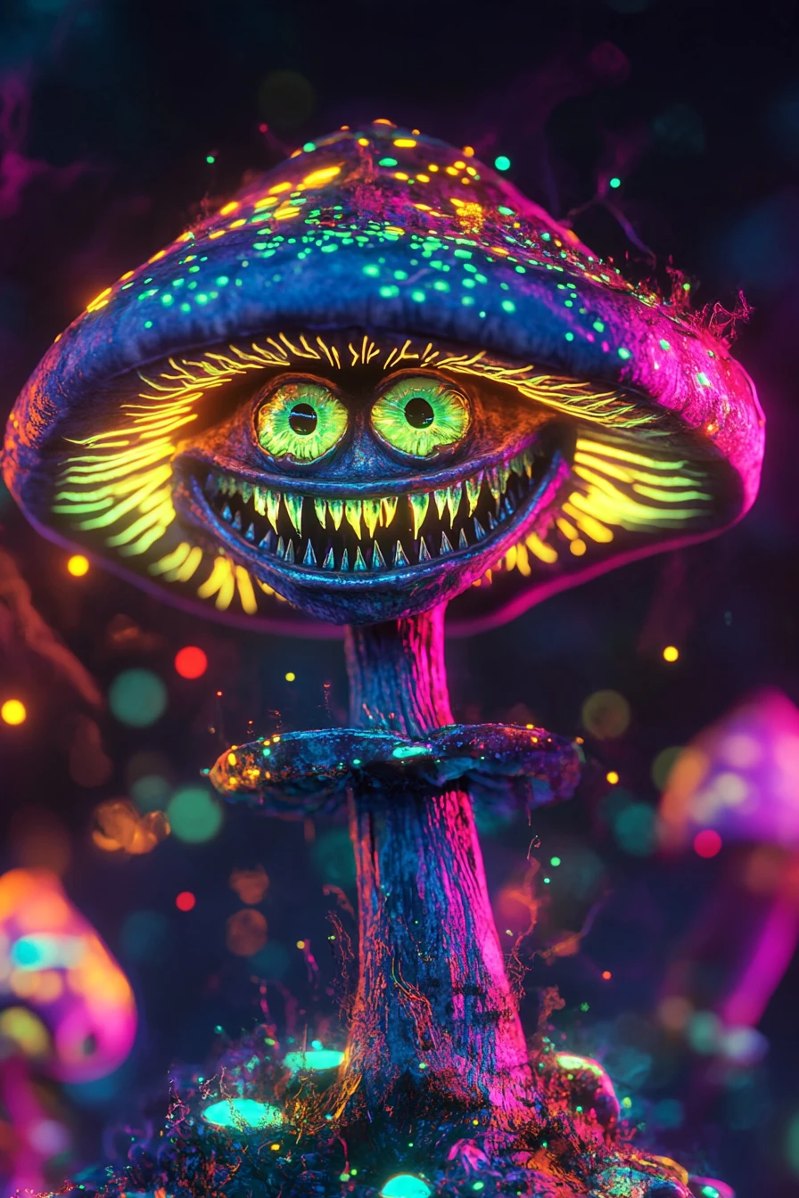 A Grinning Mushroom Monarch Sits Atop an Iridescent Cap of Blinking Eyes