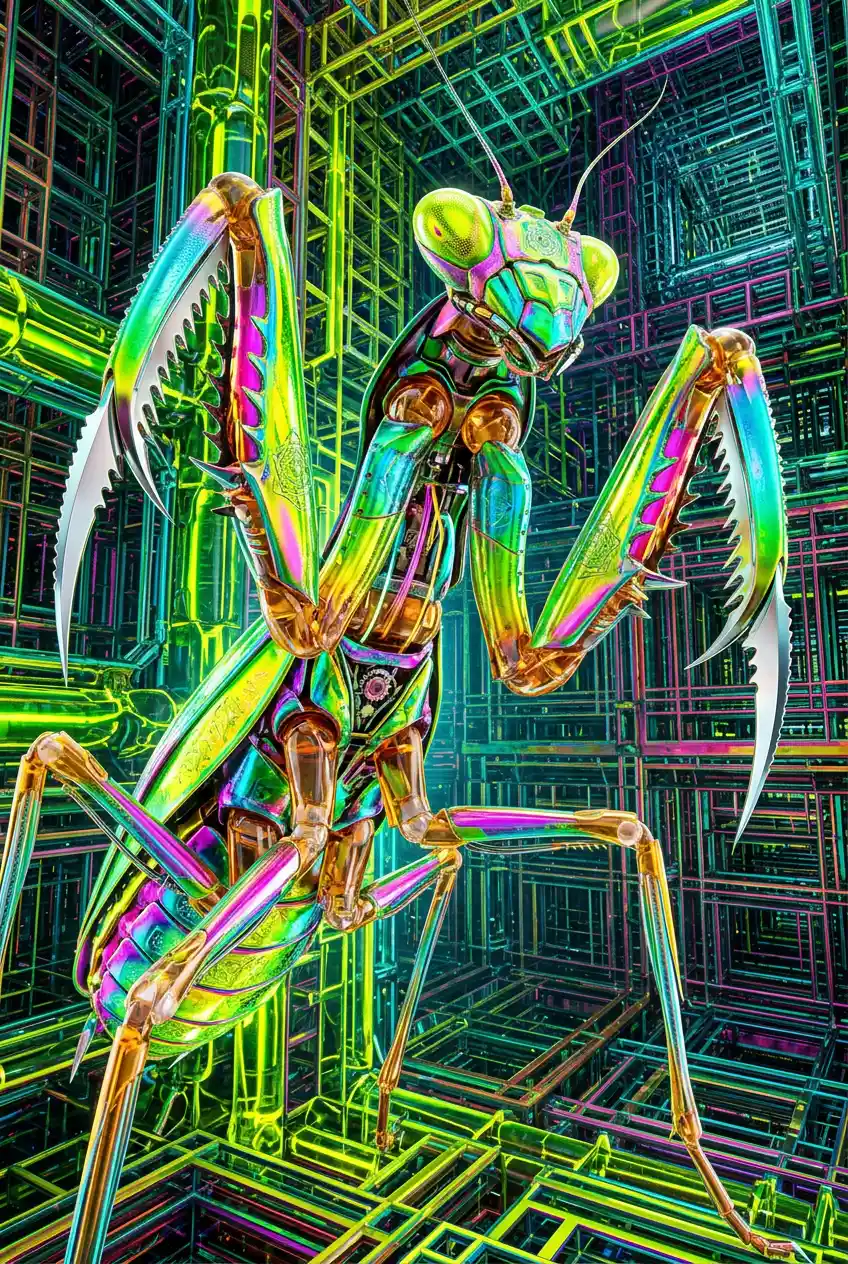A biomechanical scarab hybrid with mantis features in a geometric chamber
