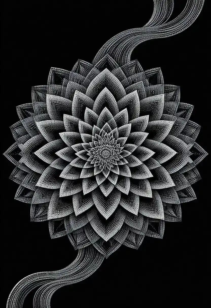 Weiße Punktblumen-Mandala mit fließenden radialen Mustern auf schwarzem Hintergrund