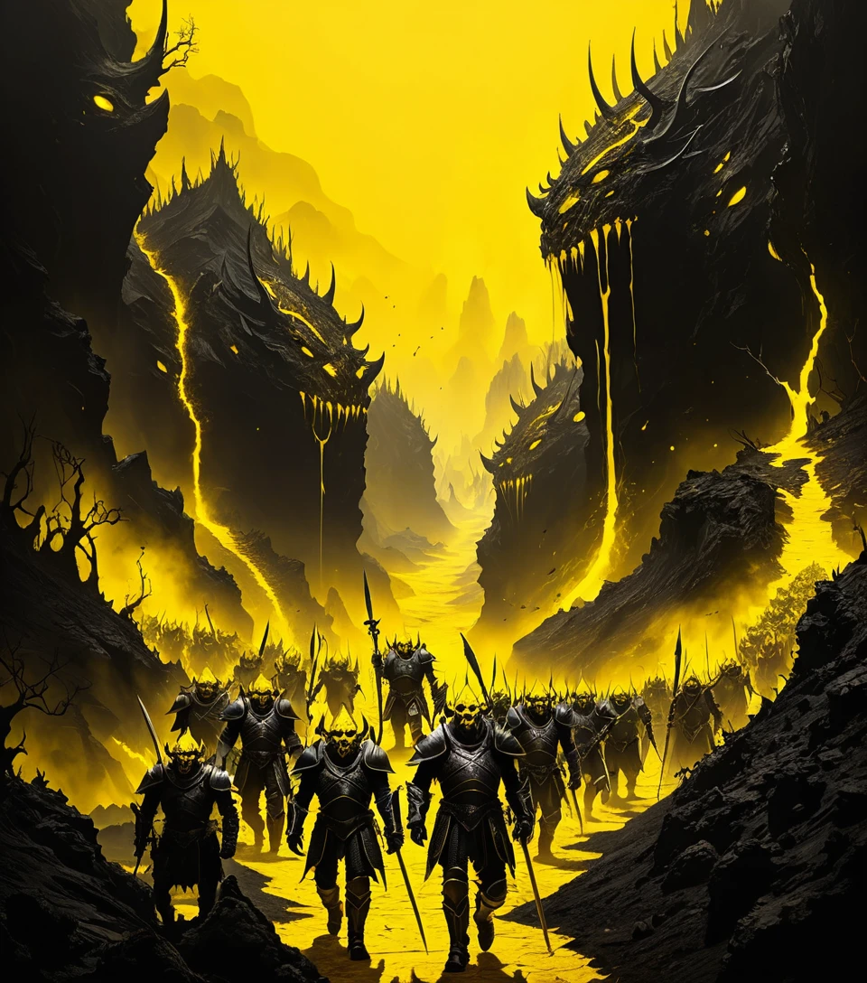 Orcs encouraçados marcham por um vale de pesadelo cortado por rios de lava