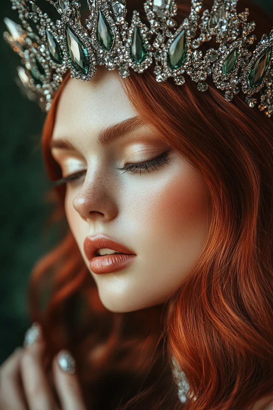 Retrato de moda com uma coroa de cristais de hematita e cabelos ruivo-acobreados