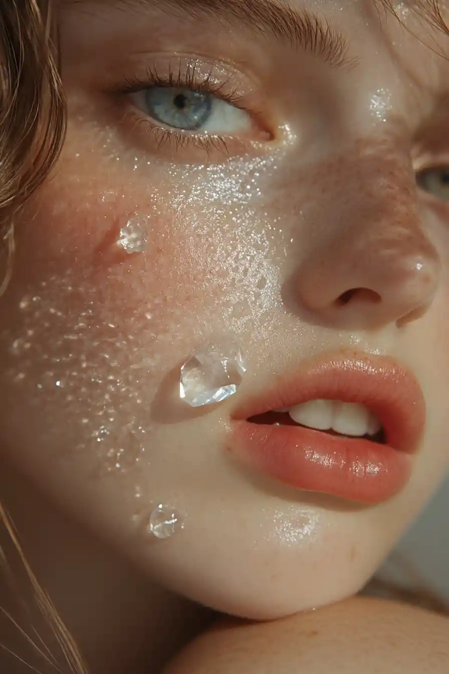 Una lágrima de cristal transparente recorre una mejilla pecosa en un retrato macro