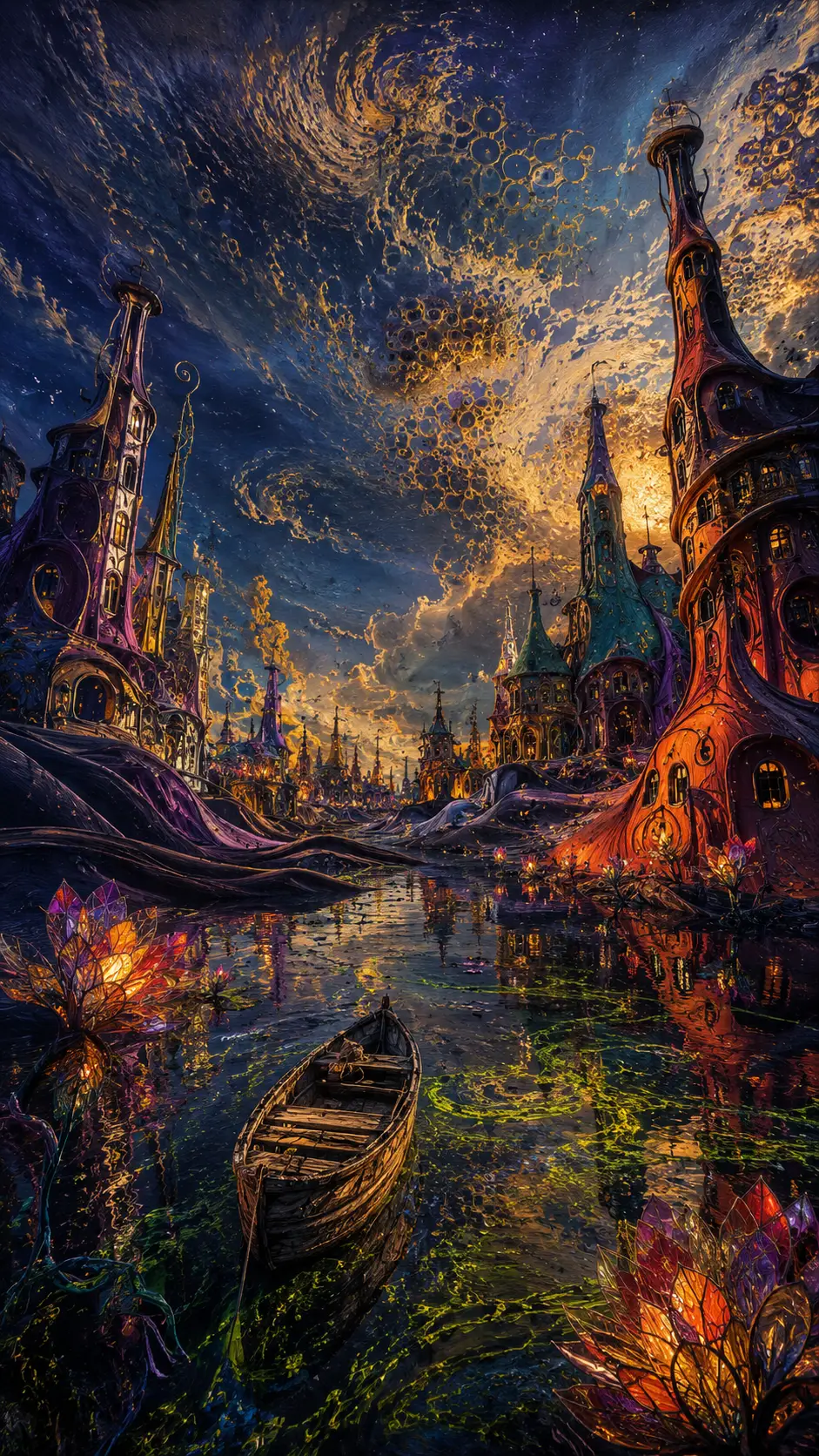 Surreal hills roll beneath an indigo and gold sky