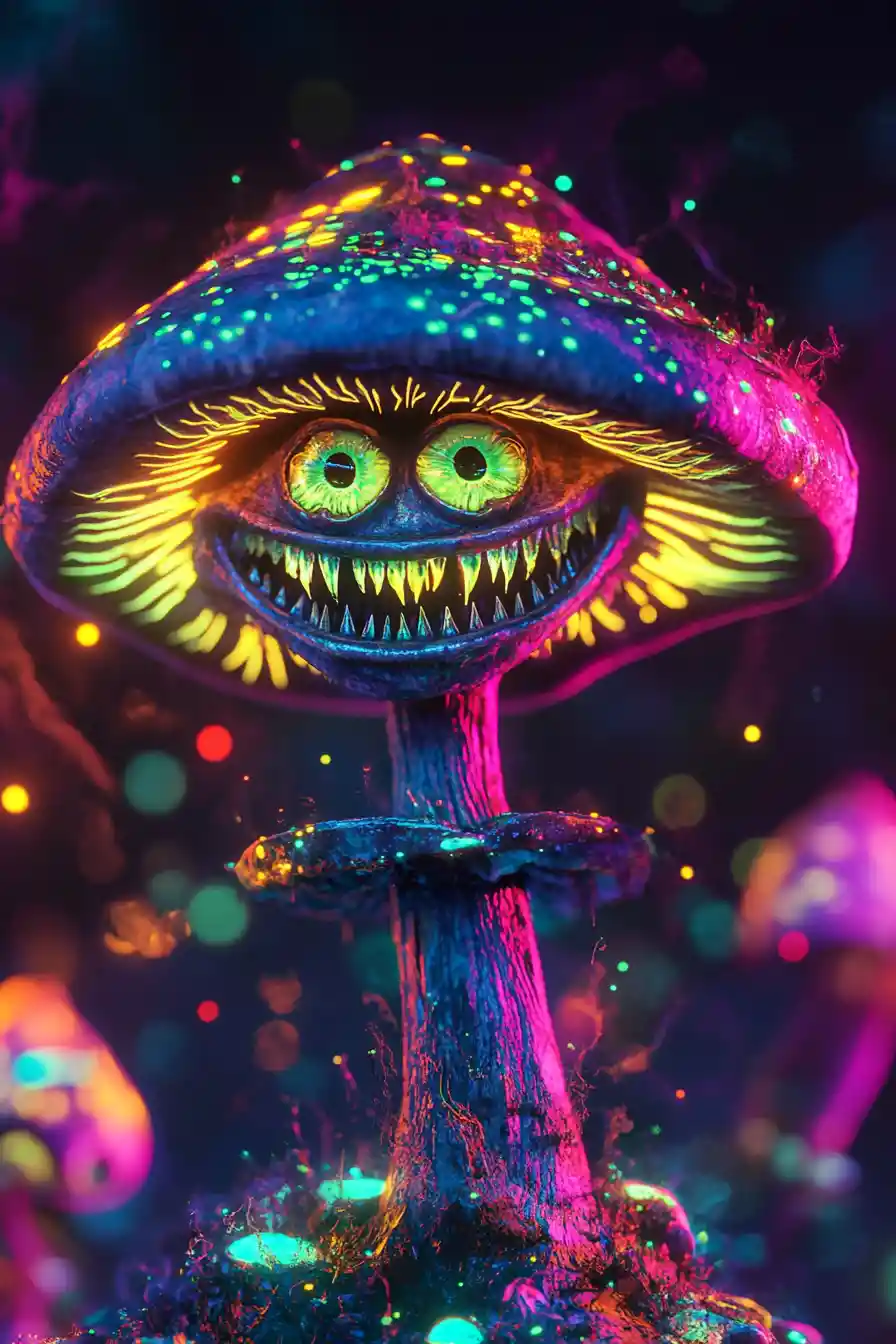 A Grinning Mushroom Monarch Sits Atop an Iridescent Cap of Blinking Eyes