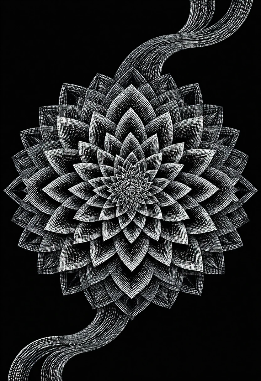 Mandala de flor com pontos brancos e padrões radiais fluidos sobre fundo preto