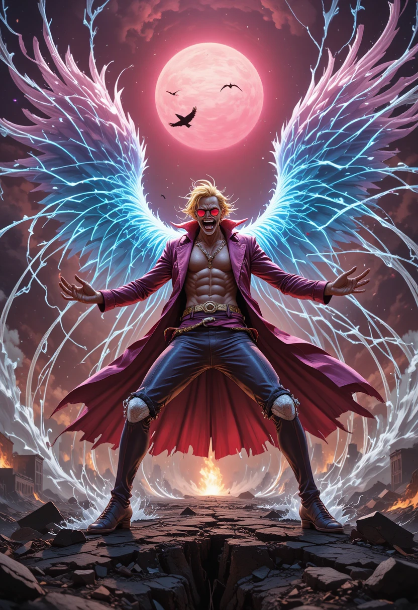 Doflamingo domina um campo de batalha em ruínas com fios afiados como lâminas e um casaco de penas cor-de-rosa