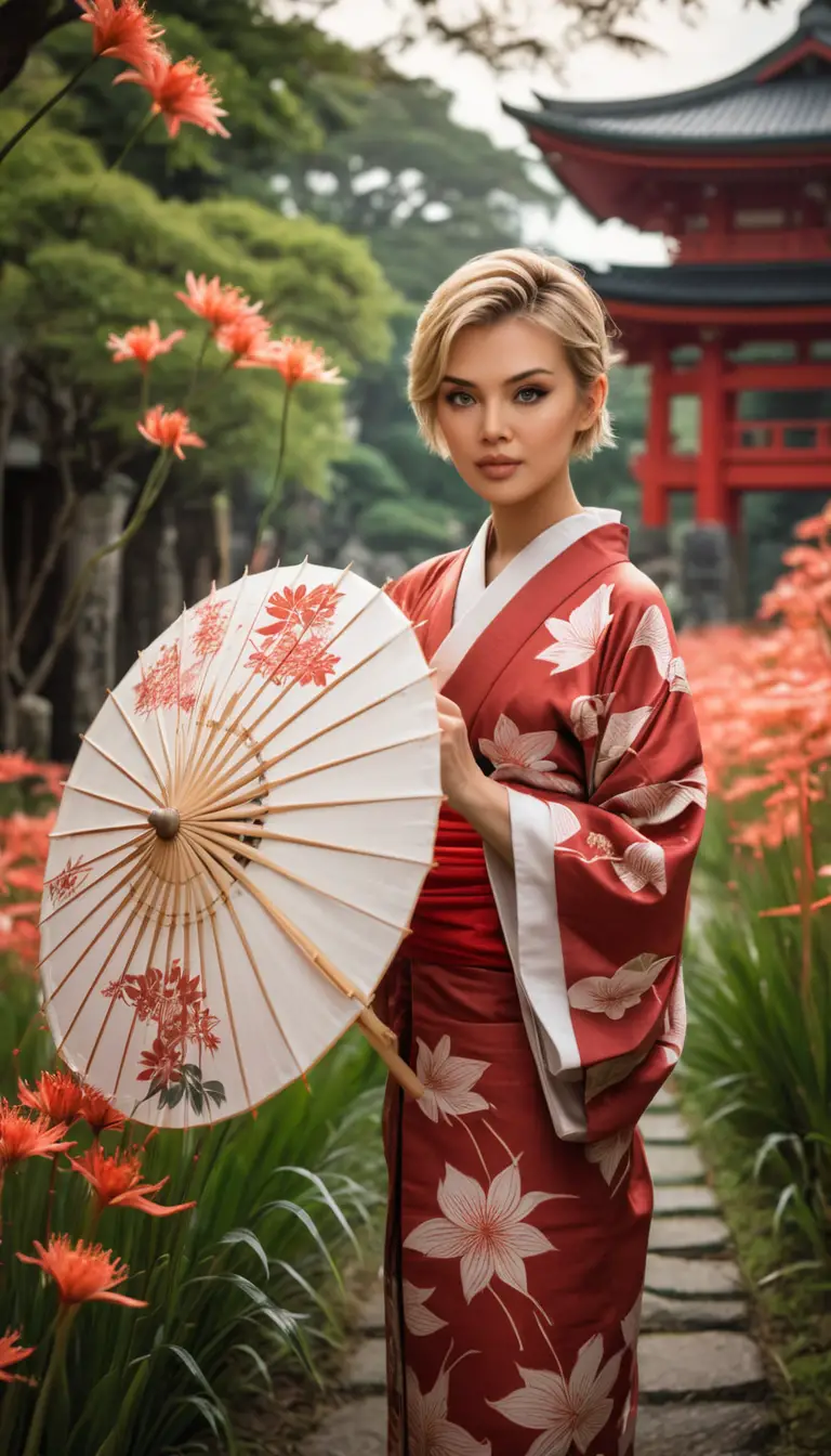 A young woman in a kimono holds an umbrella among red spider lilies