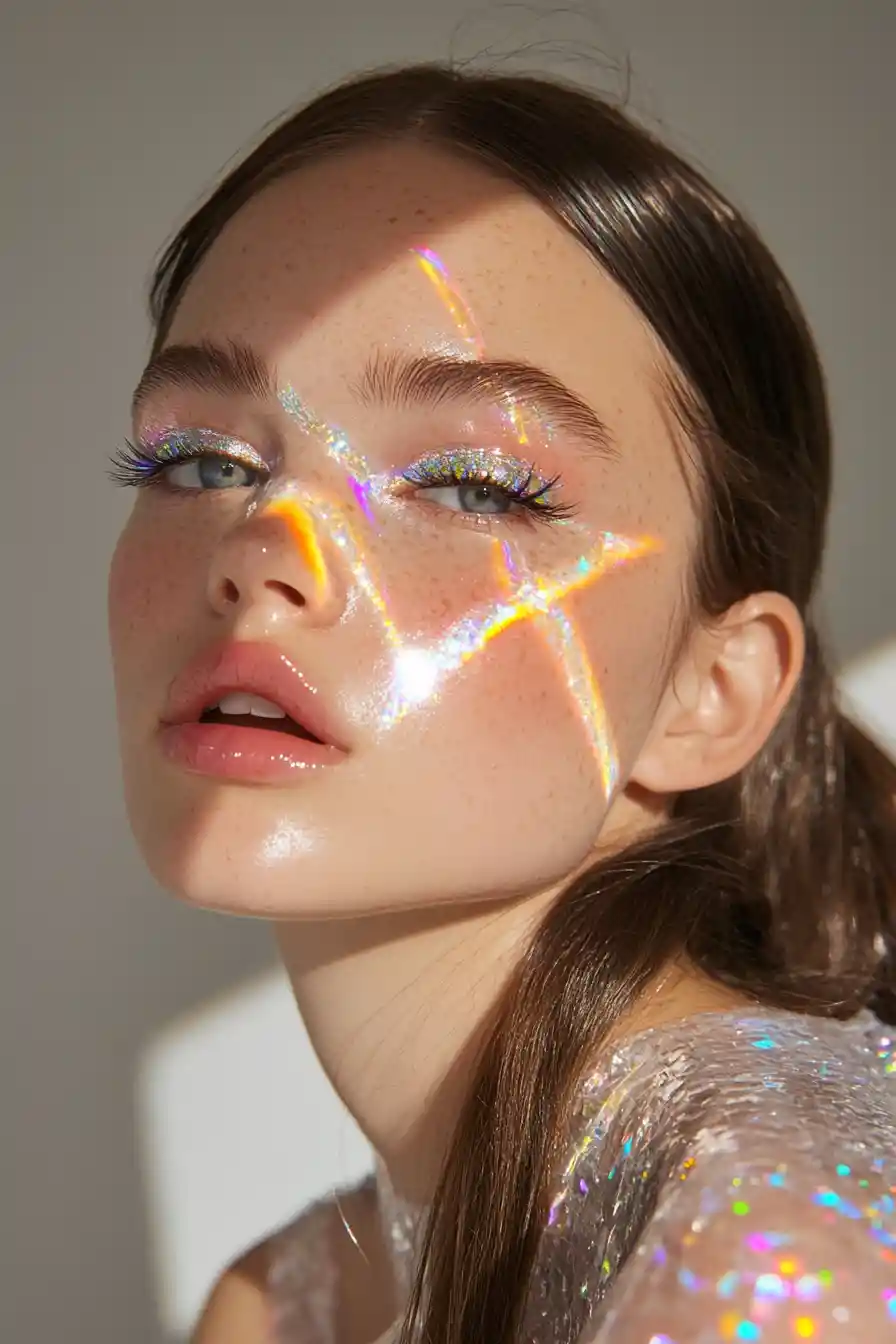 Retrato de beleza de uma mulher com eyeliner prismático e um rabo de cavalo elegante