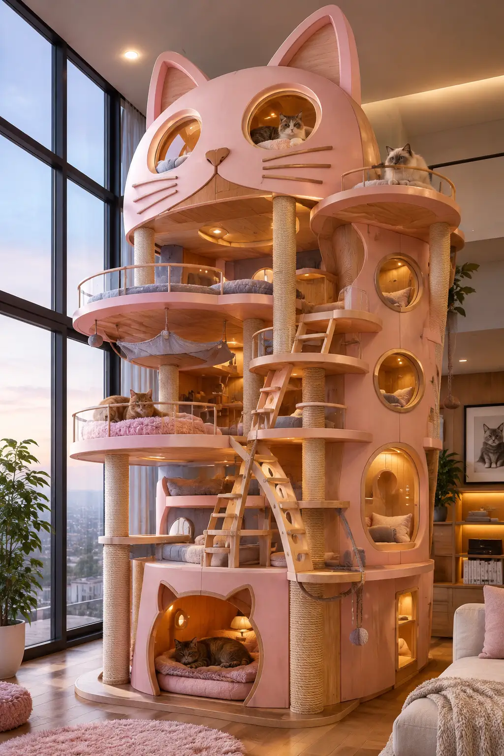 Une cabane d’intérieur en forme de chat s’illumine dans une pièce moderne