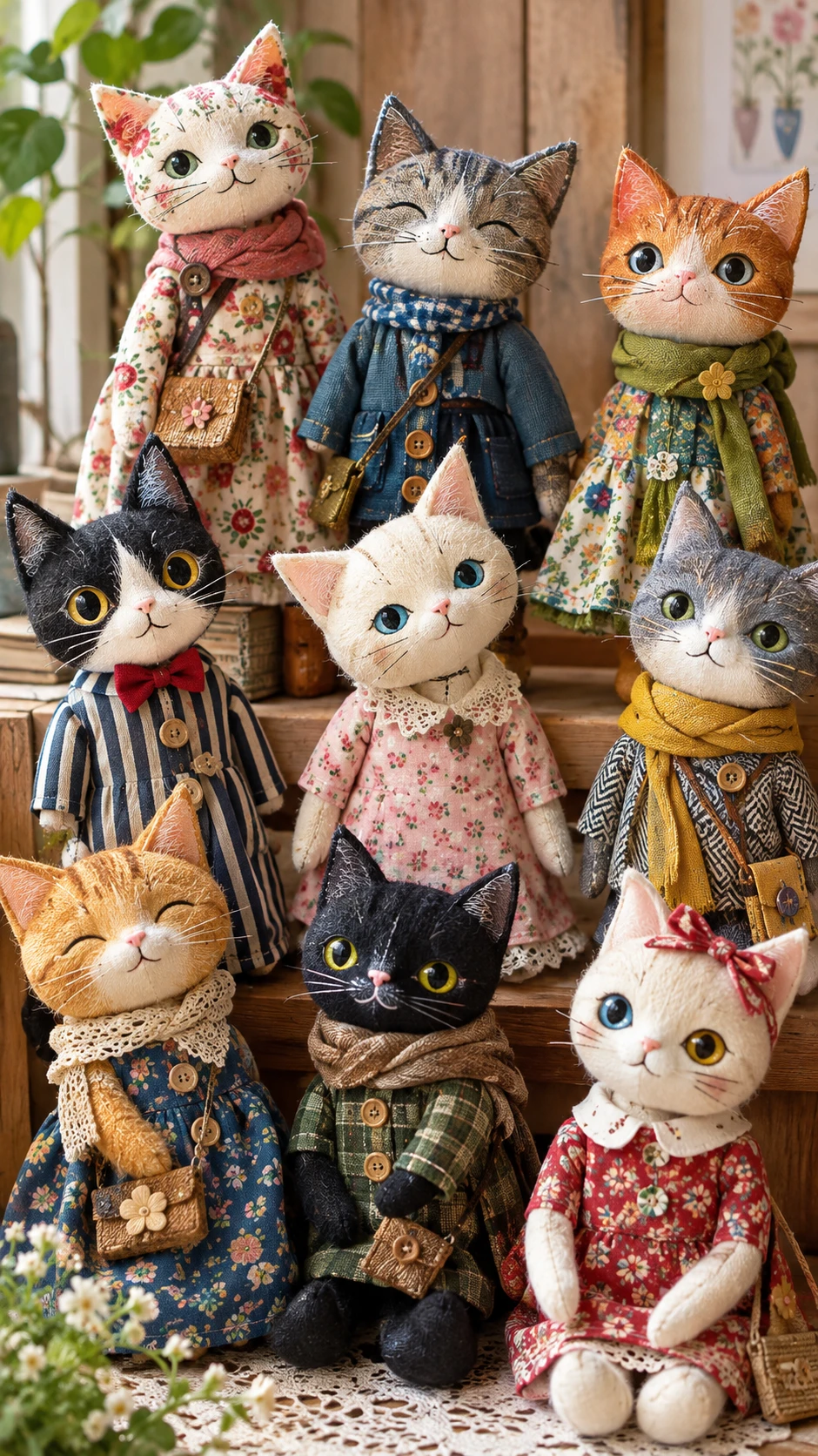 A Collection of Handmade Cat Dolls in Patterned Fabrics